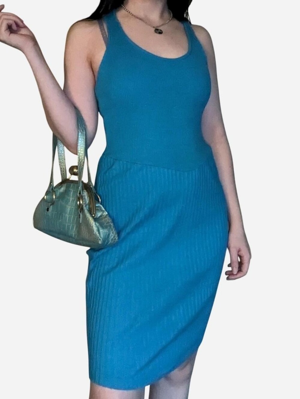 vintage 1980s aqua blue bodycon stretchy halter tank top dress with open back